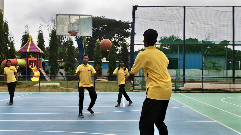 Students playing basketball at Innovative School of Excellence, Horamavu